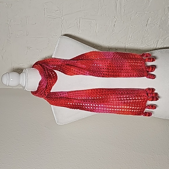 Colorful Loose Knit Crochet Neck Scarf Multicolor Pink Red Orange Neckerchief - Picture 1 of 9